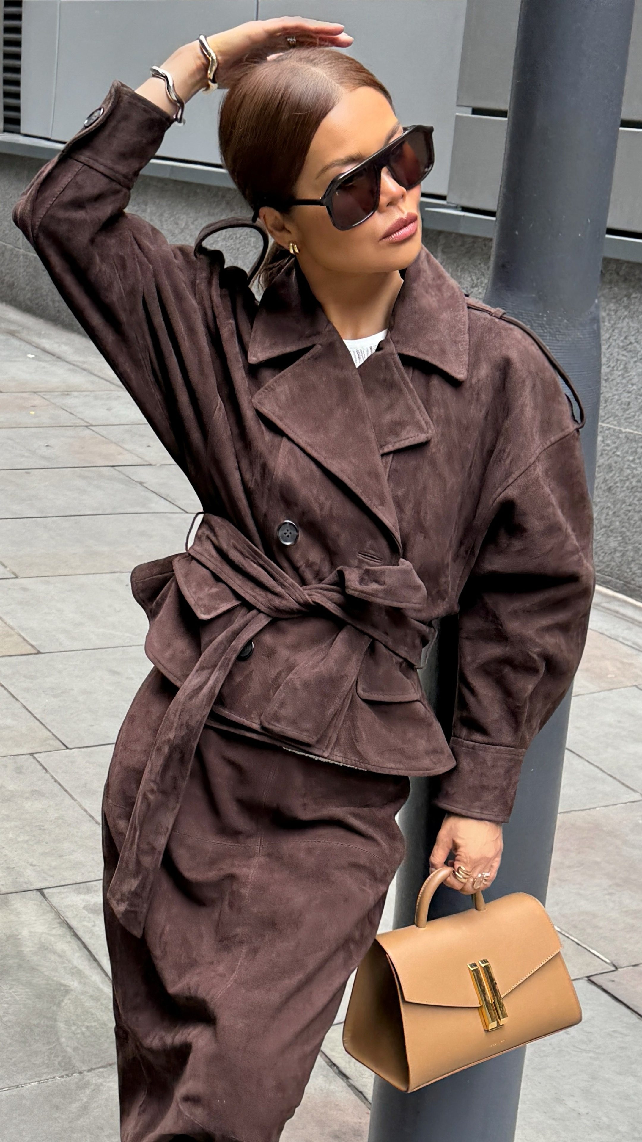 RI Studio Brown Cropped Suede Trench Jacket River Island
