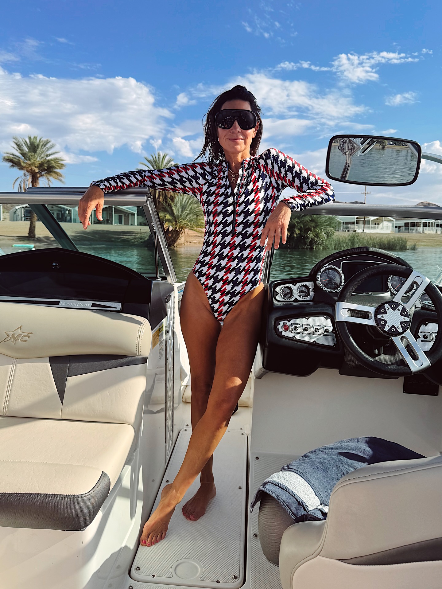 Houndstooth Long Sleeve Zip Front Swimsuit | Perfect Moment
