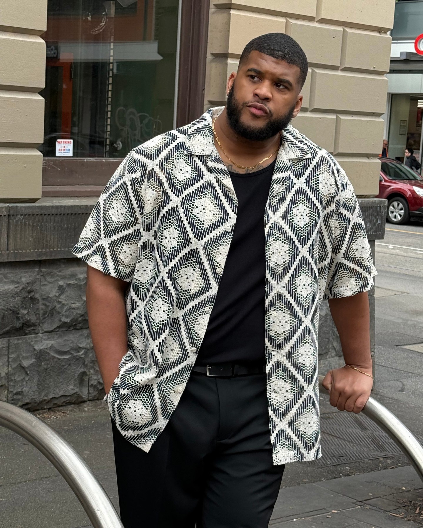 Airy, comfy, a bit of flex.
The Ios Crochet Shirt does the talking for you.

#bigandtall #johnnybigg #menswear #fashion #style #spring25