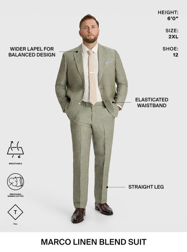 The Marco Linen Blend Suit Jacket balances sharp tailoring with all-day comfort. Cut from a breathable linen blend with a wide notch lapel and half lining, it’s designed to keep you cool while still looking polished.

An easy choice for race days, weddings and warm-weather events. Pair it with the matching Marco Linen Blend Pants for a complete look.

#johnnybigg #menswear #bigandtall #linenblend #menssuiting