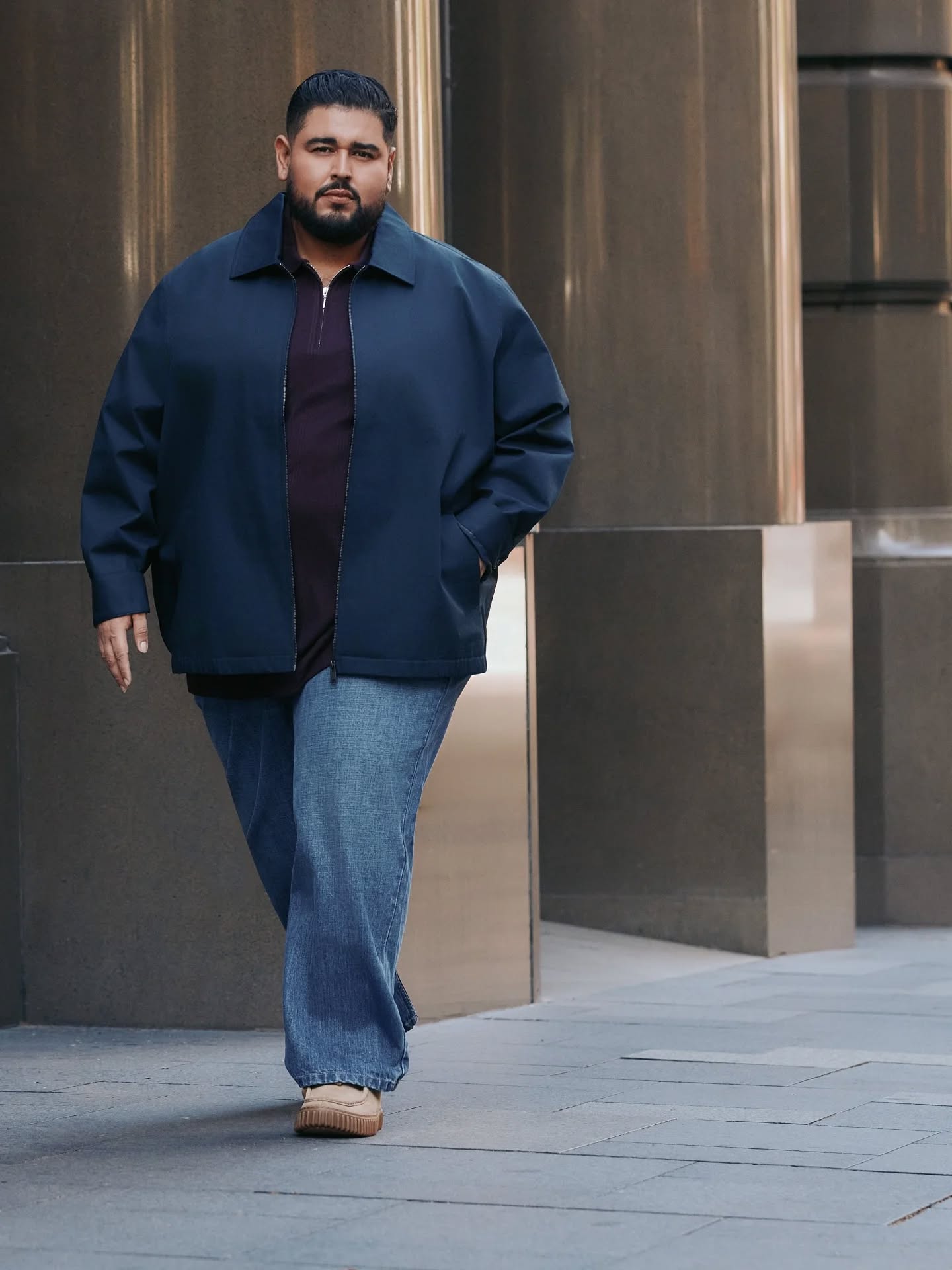 A polo, relaxed jeans, and a light jacket when it's needed.

#ootd #axlandco #mensfashion #style #bigandtall