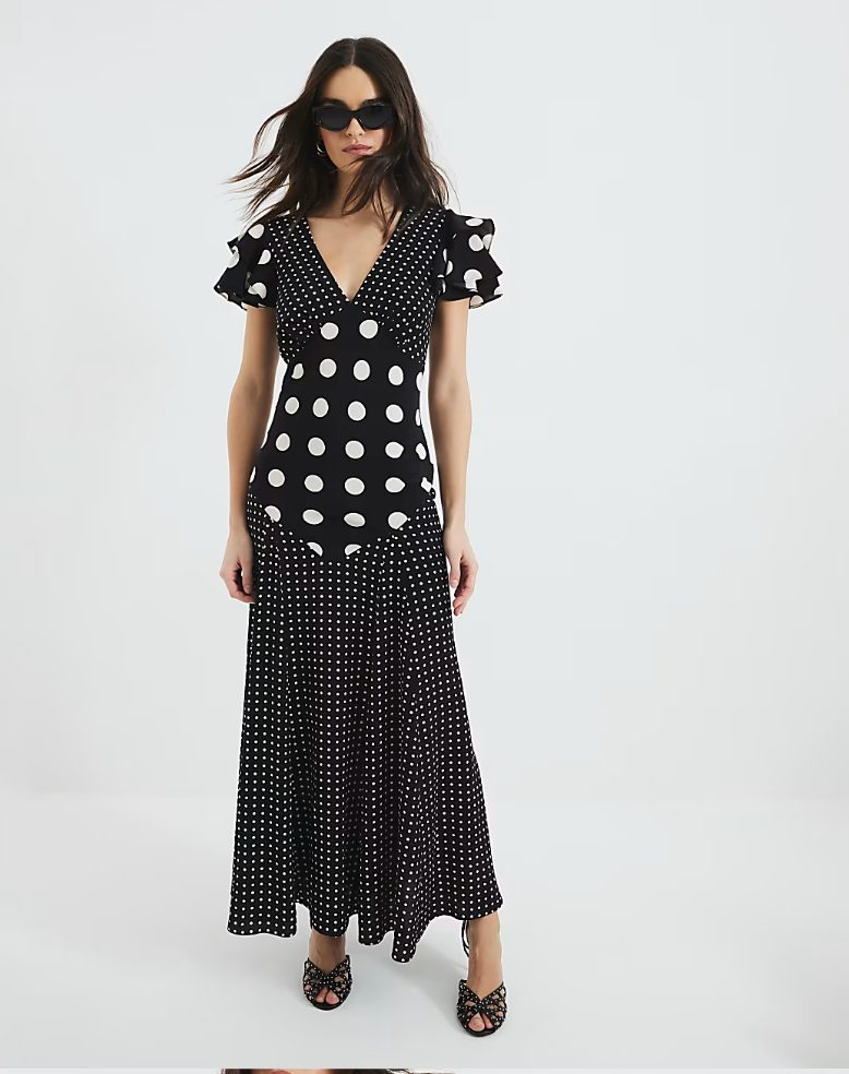 White Polka Dot Tiered Bardot Maxi Dress River Island