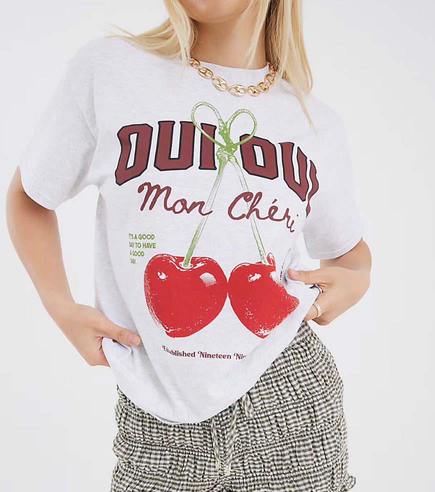 Grey Cherry Oui Heart T-Shirt River Island